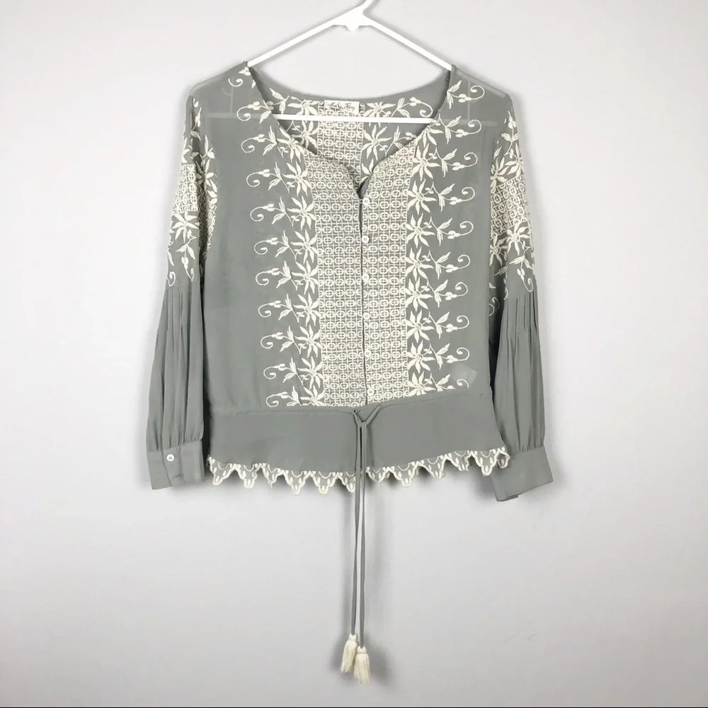 LoveShackFancy Embroidered Silk Georgette Long Sleeve Prairie Top Green Casual - Picture 3 of 11